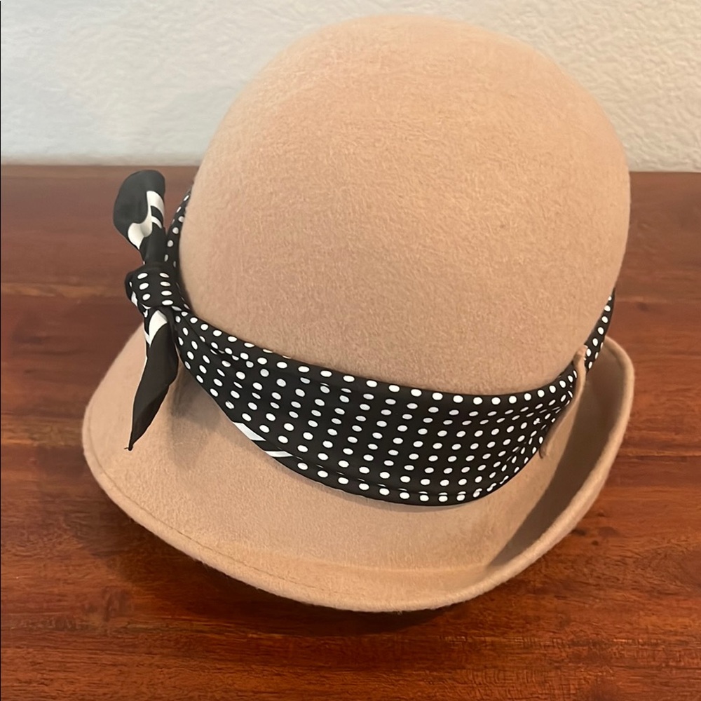 Chic Beige Cloche Hat with Polka Dot Band from Anthropologie